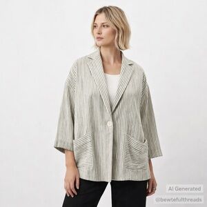 Parisian Linen Stripe Oversized Blazer Neutral Minimalist Chic M